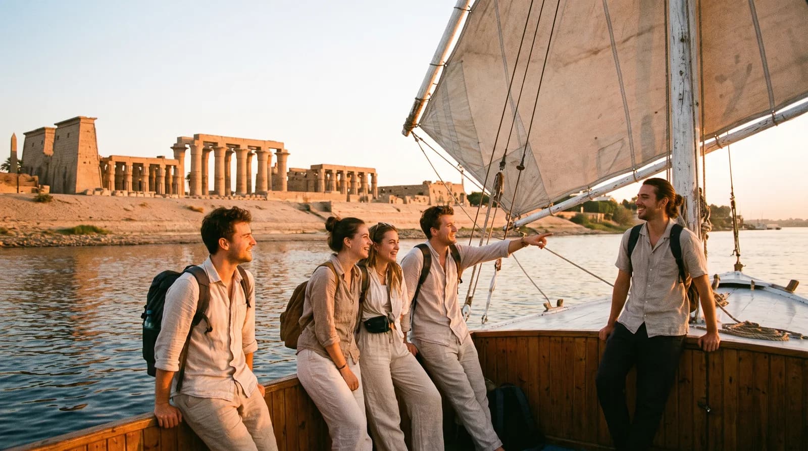 Young travellers on a felucca boat sailing the nile nea