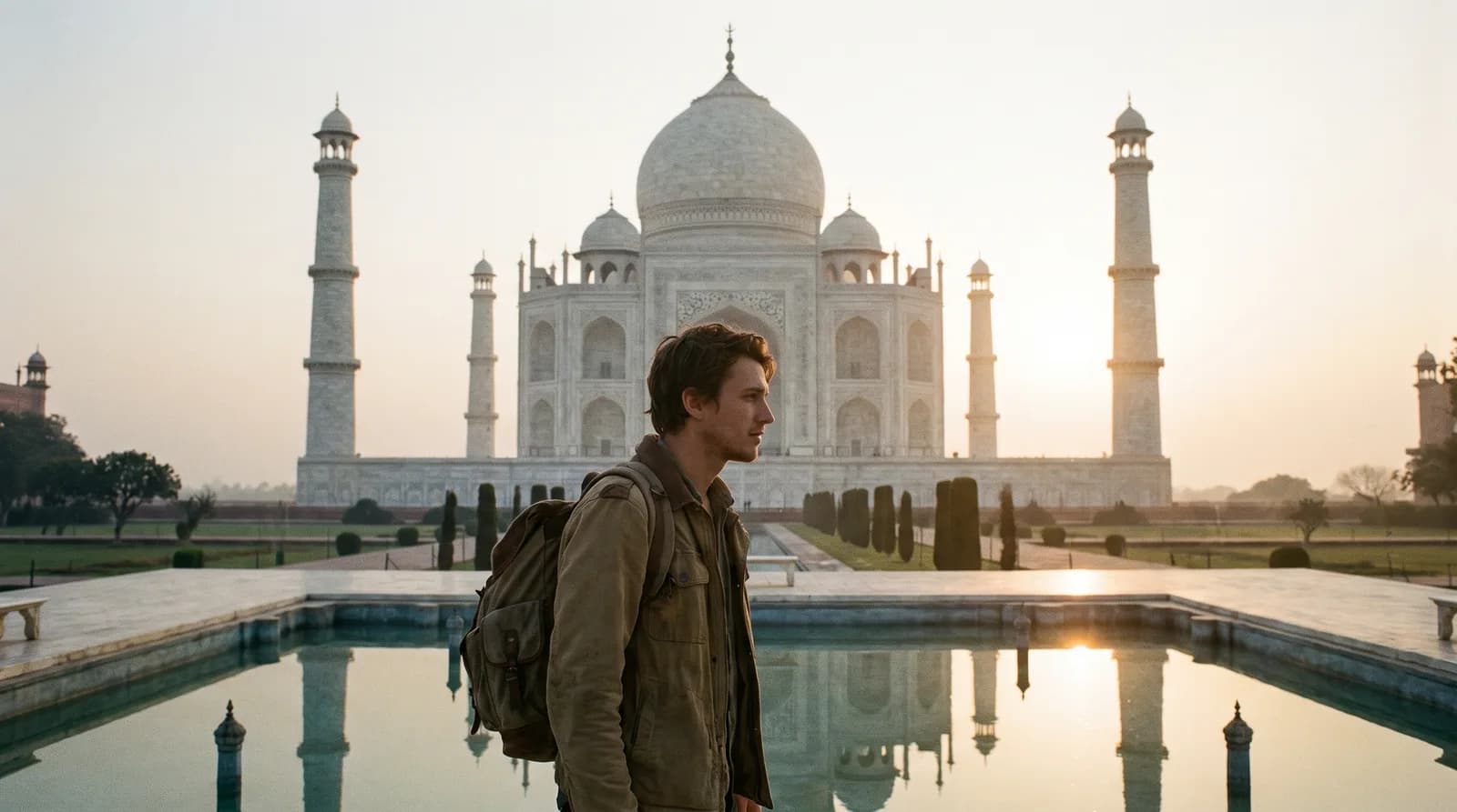Young traveller admiring the taj mahal at sunrise on