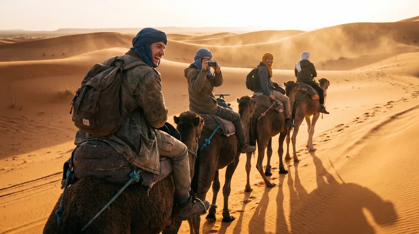 Young travellers riding camels across sahara desert dun
