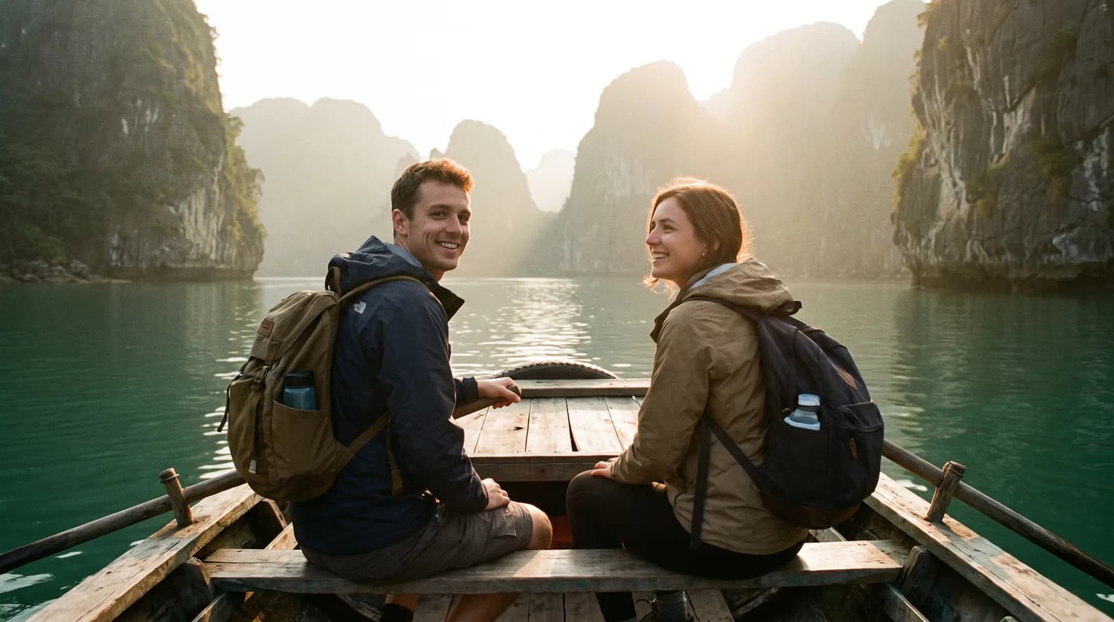Young travellers on a boat cruising through ha long bay