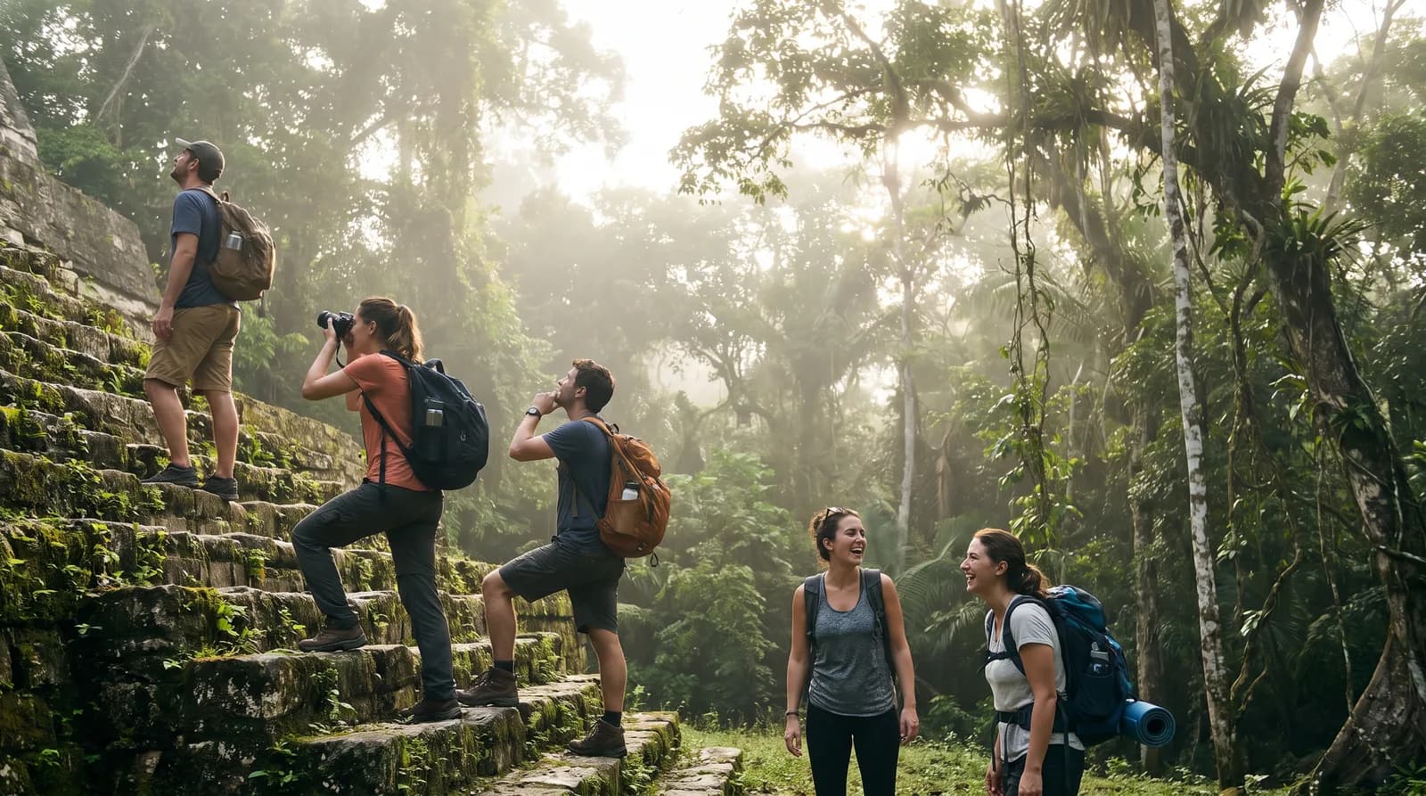 Young travellers exploring a Mayan temple ruin in Central America