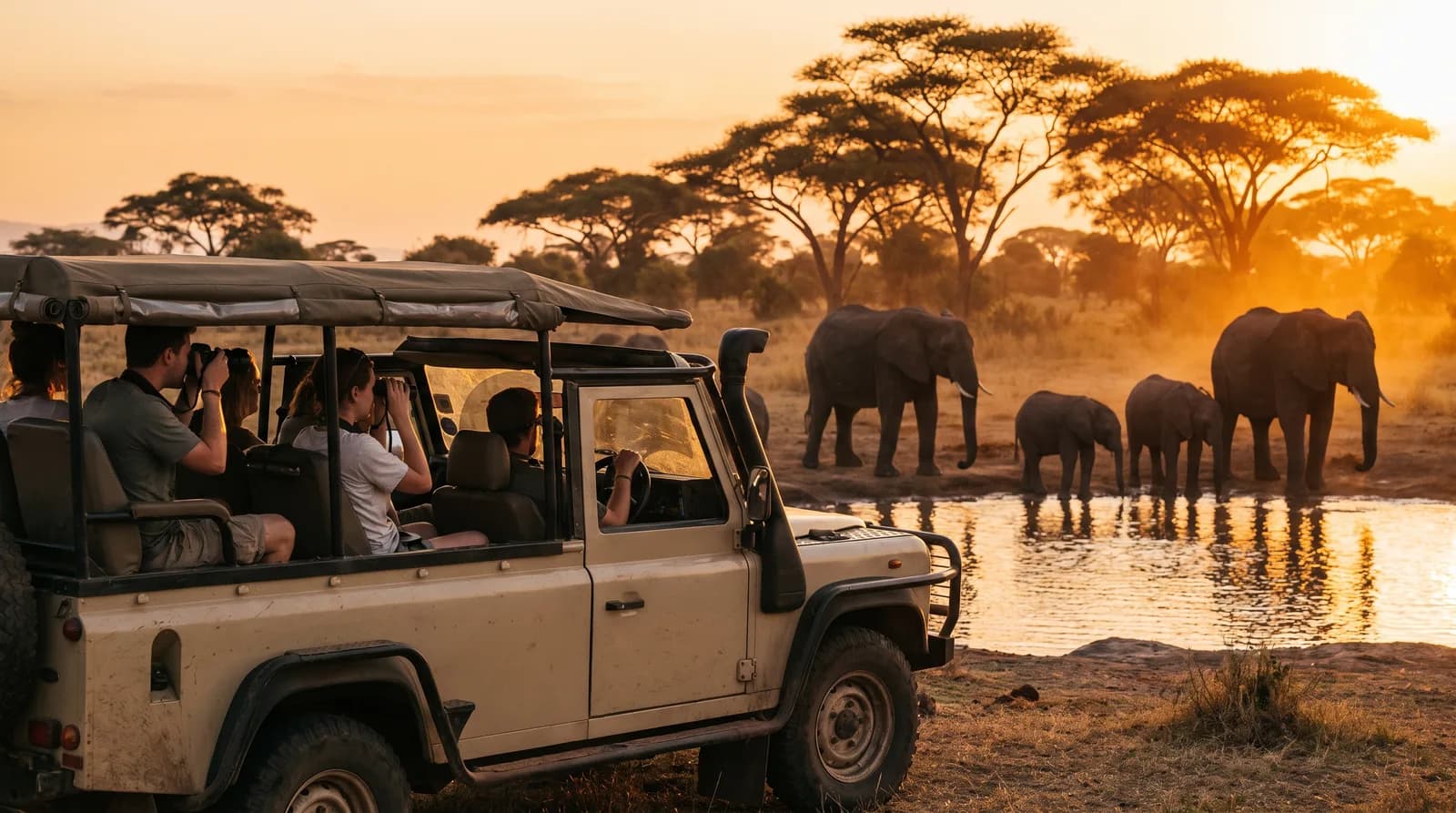 Under-30 travellers on a safari game drive watching wildlife on the savannah