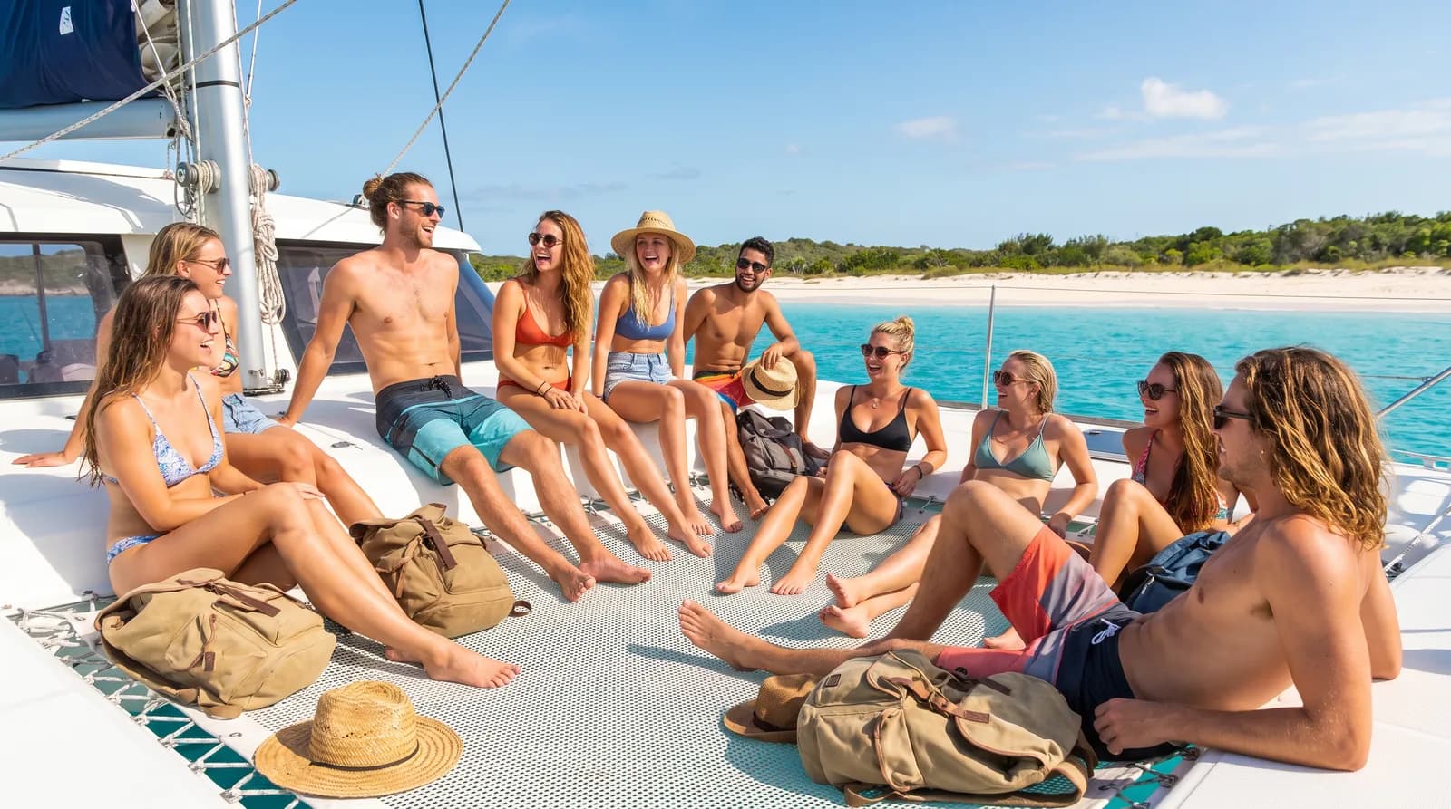 Young backpackers on a sailing boat in the Whitsundays, Australia