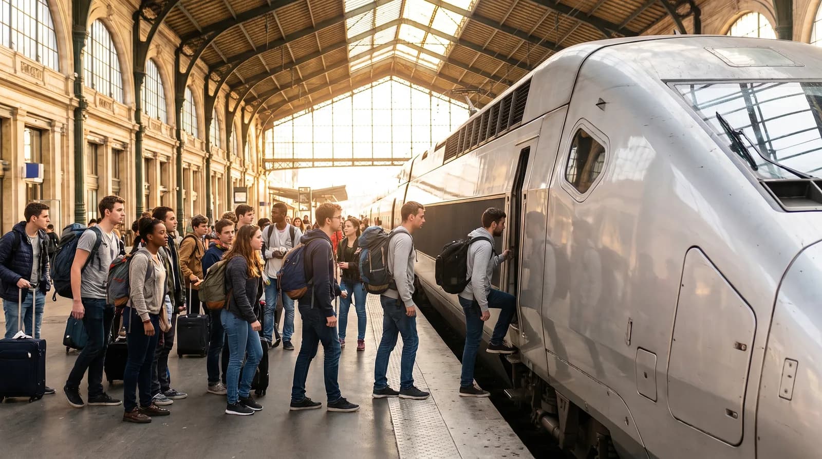 Young adults boarding a high-speed train at a European city station