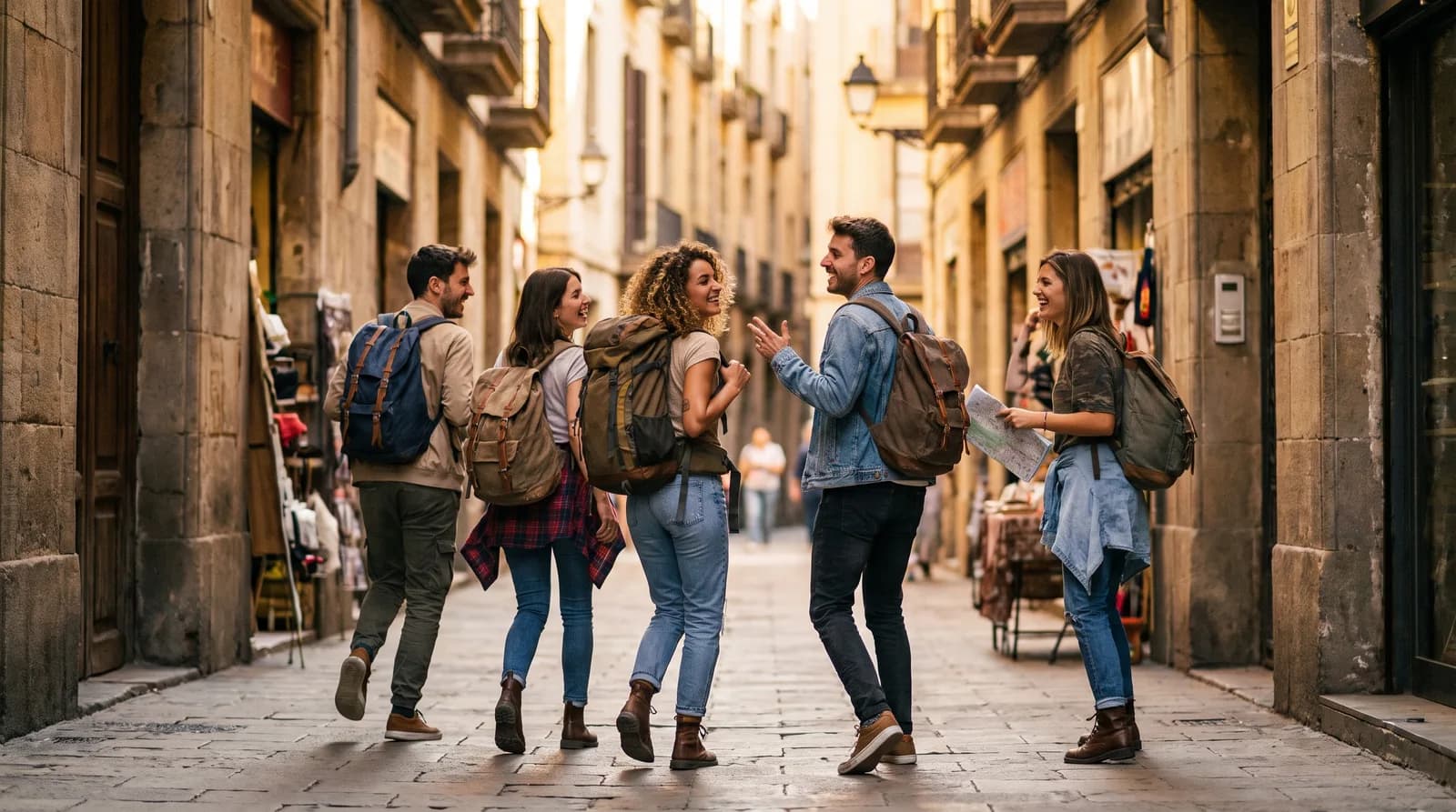 Young adult backpackers laughing and walking together in a historic city alleyway at golden hour