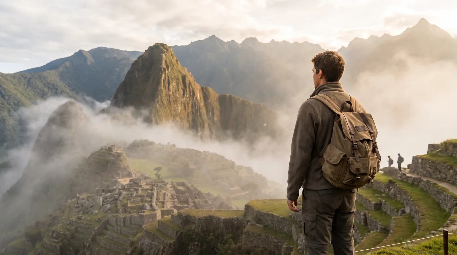 A solo traveller looking out over Machu Picchu at sunrise