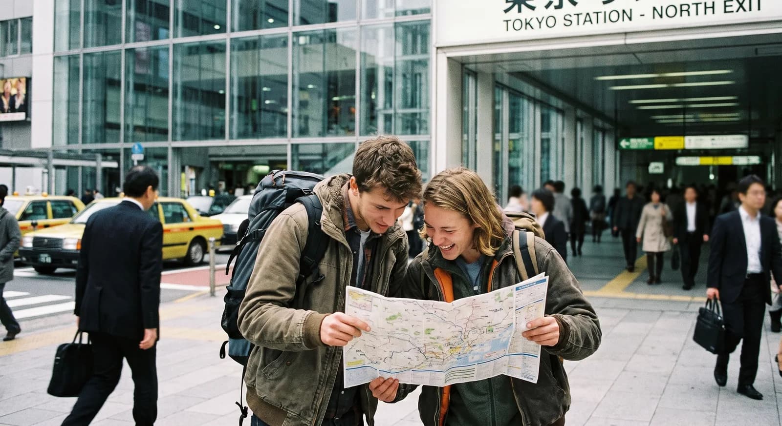 Young adult travellers checking an itinerary map outside a modern travel hub