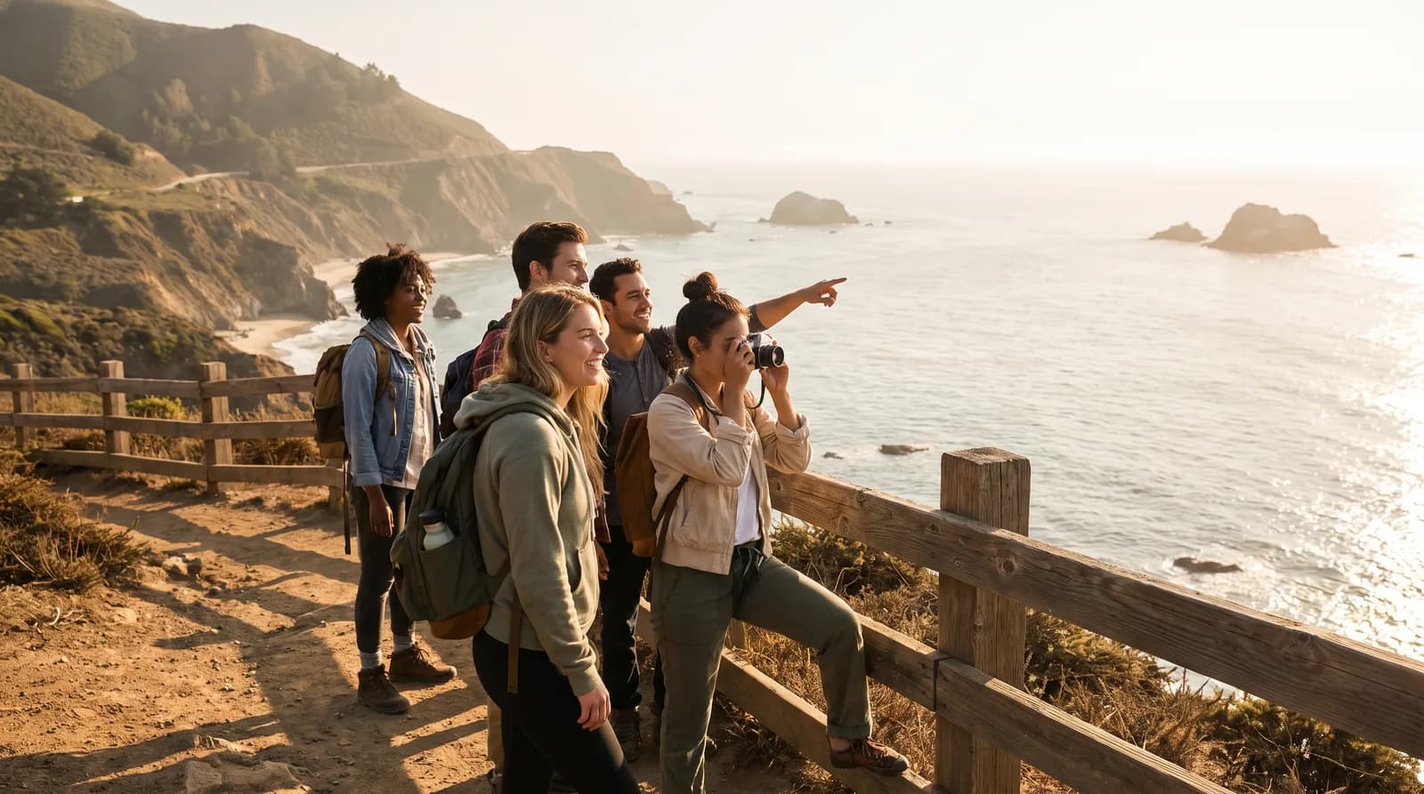 Young road-trippers at a Pacific Coast Highway overlook in California