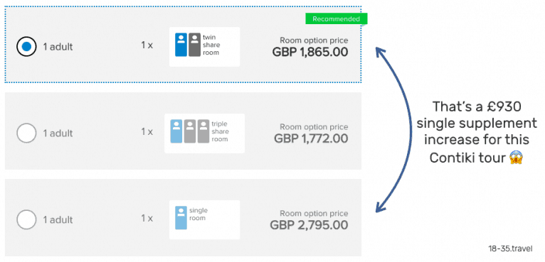 Example Contiki tour booking showing the single supplement price differences between Topdeck vs Contiki