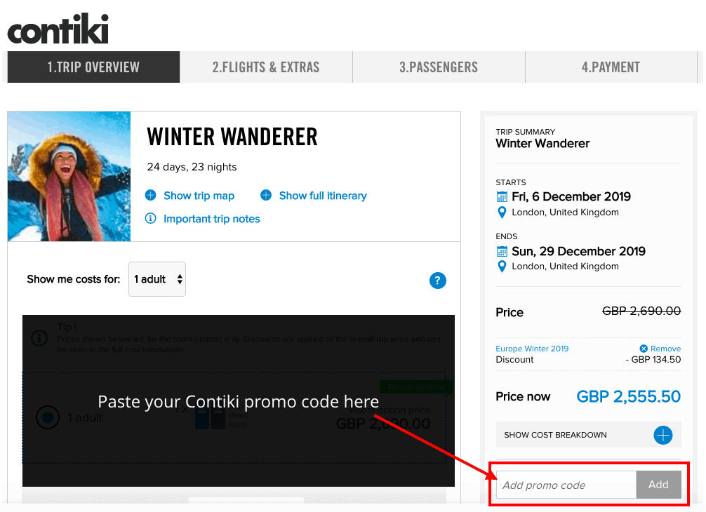 Image of the Contiki website showing where to paste the promo code when booking your tour online