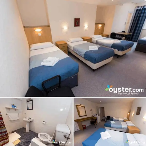 Inside the Pickwick Hall hostel in London with a three bedroom dorm and bathroom