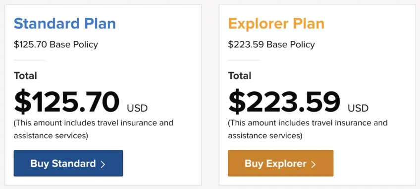 An example quote showing the price difference between World Nomads Standard and Explorer plans
