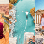 A collection of images showing young travellers in various adventure activities which are all covered under a World Nomads travel insurance policy