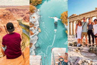 A collection of images showing young travellers in various adventure activities which are all covered under a World Nomads travel insurance policy