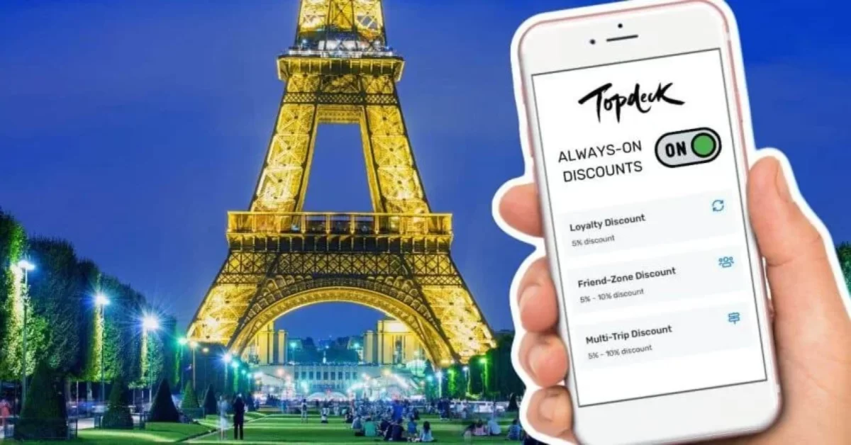 Mock up picture of Eiffel Tower in the background with the Topdeck always-on discounts pages loaded on an iPhone