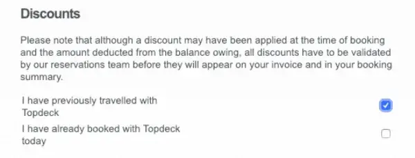 The Topdeck Loyalty Discount as shown on the Topdeck website when reserving your booking.