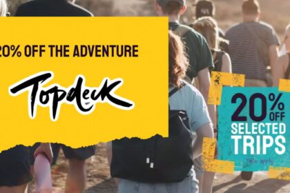 Promotional banner featuring a group of young travellers on an adventure with a 20% discount offer on selected trips by Topdeck