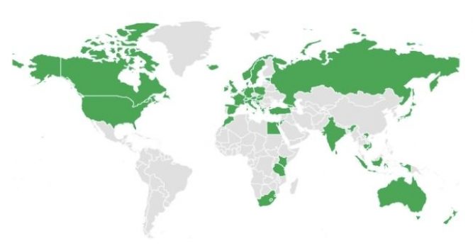Map of the world showing the different countries Topdeck tours visit