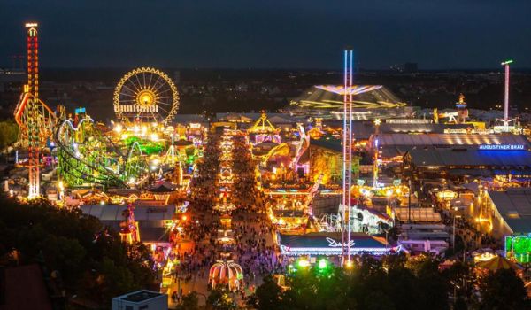 Aerial view of the Oktoberfest in Munich at night