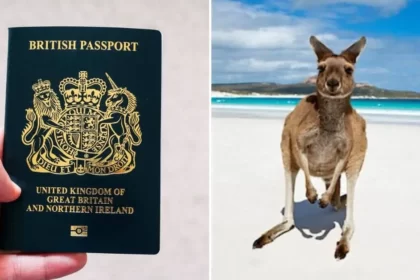 British passport and kangaroo on beach in Australia