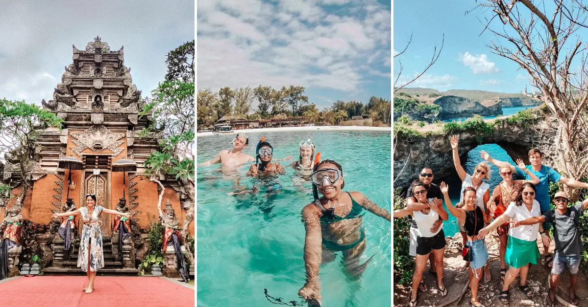 A collection of images from Bali Bucket List Tours, showcasing a temple entrance, snorkelling adventurers, and a group at a scenic cliffside.