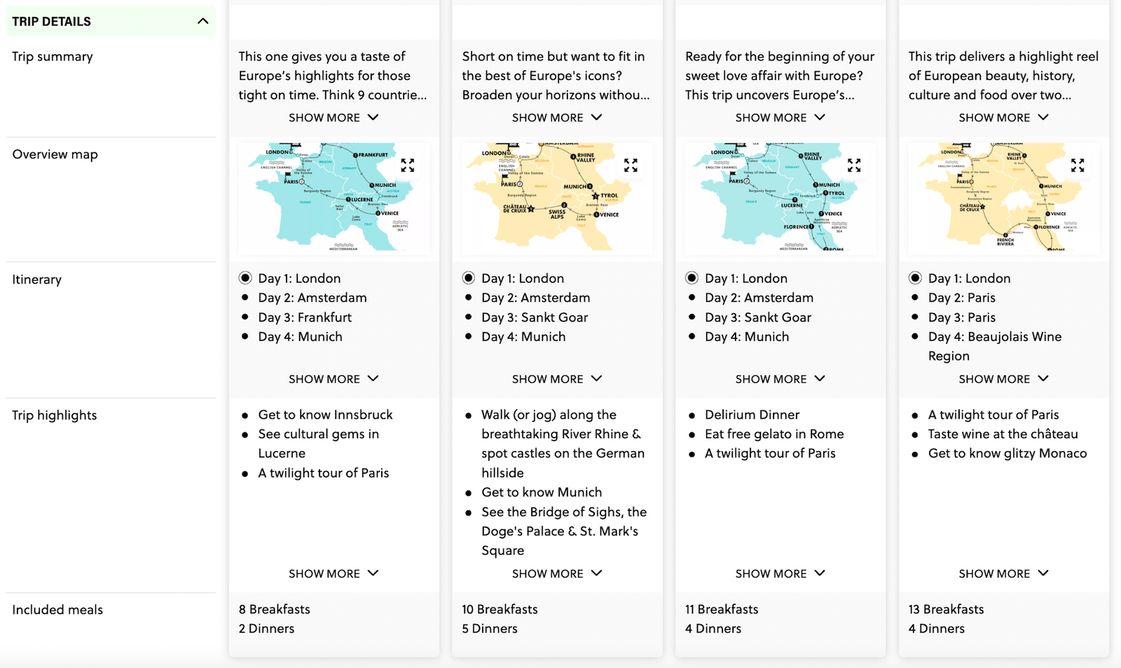 Example of 4 Contiki Europe trips being compared on the Contiki website