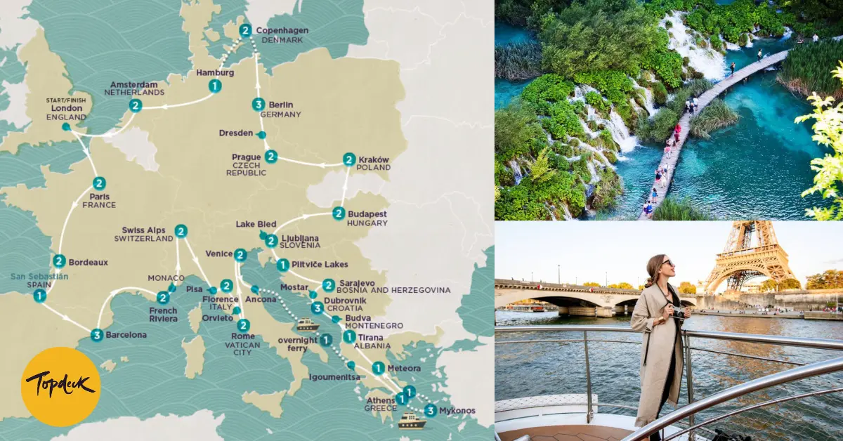 Tour map and images of Topdeck's Get Social: Mega European tour