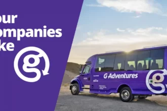 A blog image with the words "Tour Companies Like G Adventures" and a photo of a G Adventures tour bus
