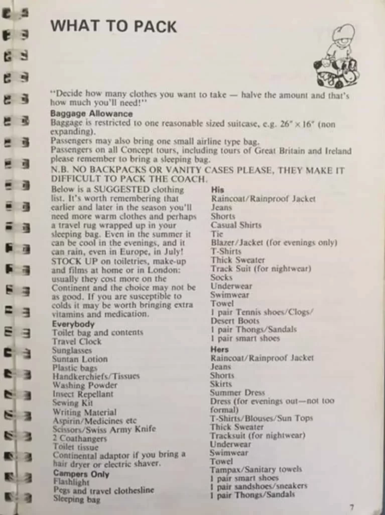 retro contiki packing list