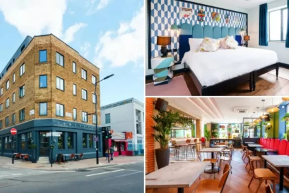 A collection of images of the Selina Camden hostel, including one taken from the outside, one of a double private bedroom and another of the shared space.