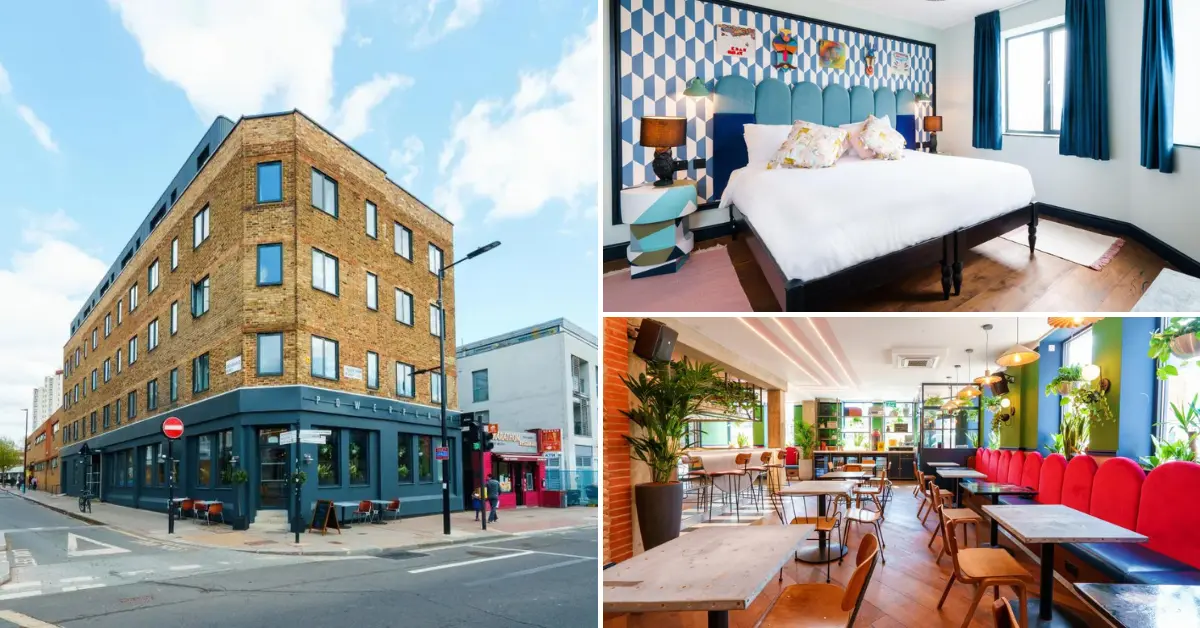 A collection of images of the Selina Camden hostel, including one taken from the outside, one of a double private bedroom and another of the shared space.