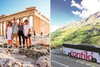 A small group of travellers on a Contiki tour in Greece and a Contiki bus in New Zealand