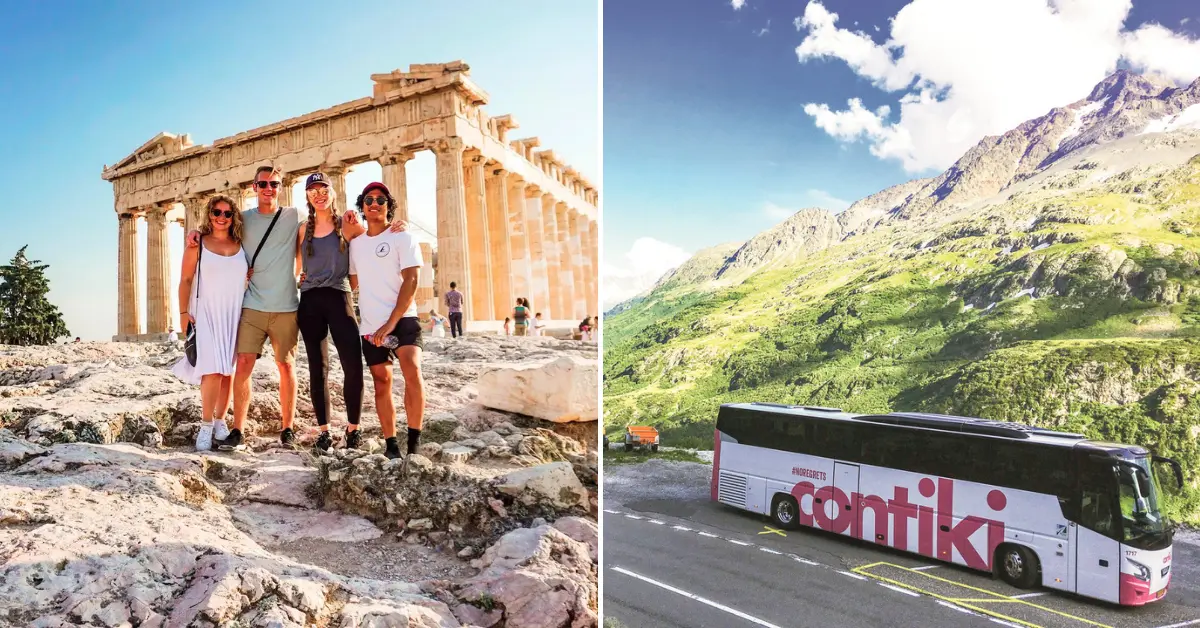 A small group of travellers on a Contiki tour in Greece and a Contiki bus in New Zealand