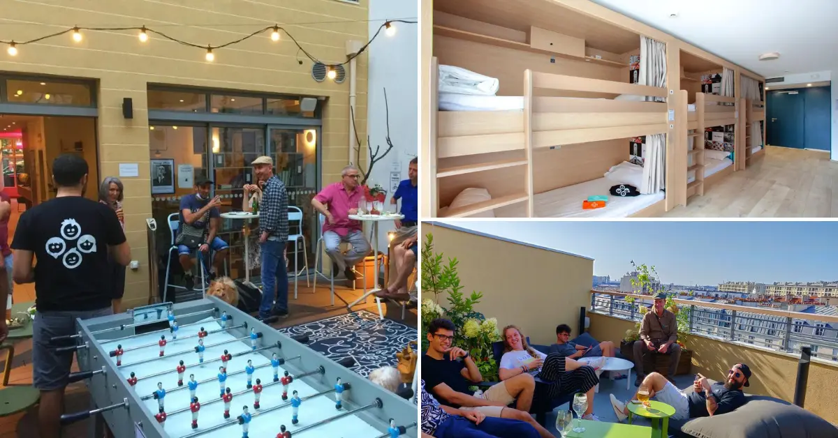 12 of the Best Hostels in Paris for Young Adults 23 A group of people are sitting at a table in a hostel in Paris. The hostel is wheelchair accessible, and there are ramps and accessible bathrooms. The people are all smiling and laughing, and they look like they are having a good time.