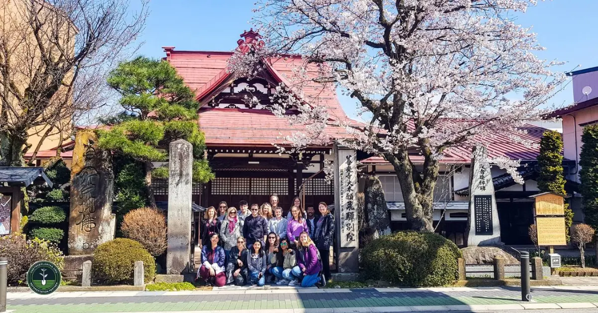 A group of tourists posing in front of a traditional Japanese temple with cherry blossoms in bloom.