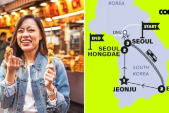 A woman enjoying street food on the Contiki South Korean Adventure tour, with a map highlighting the tour route from Seoul to Busan.