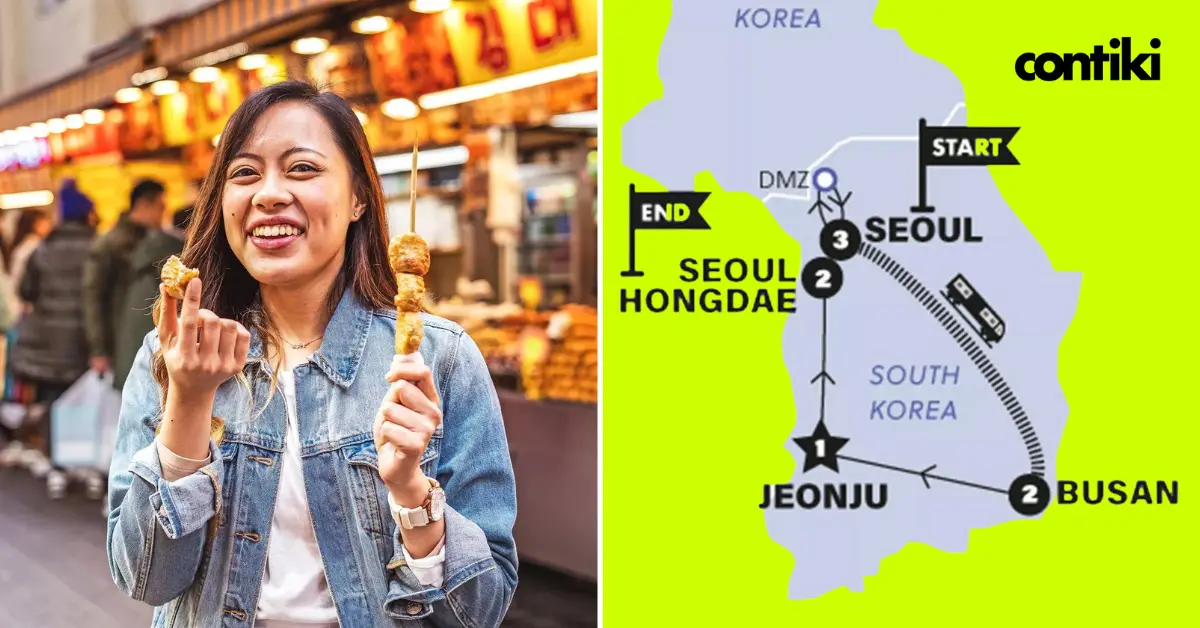 A woman enjoying street food on the Contiki South Korean Adventure tour, with a map highlighting the tour route from Seoul to Busan.