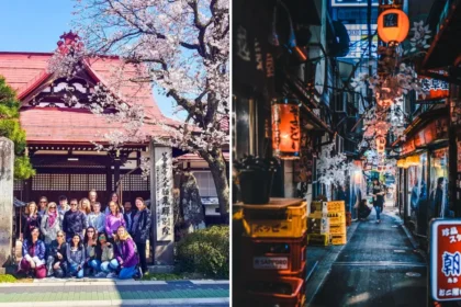 A group of travellers posing under cherry blossoms and an atmospheric shot of a lantern-lit alley in Japan, showcasing diverse experiences from a Japan Itinerary 14 days