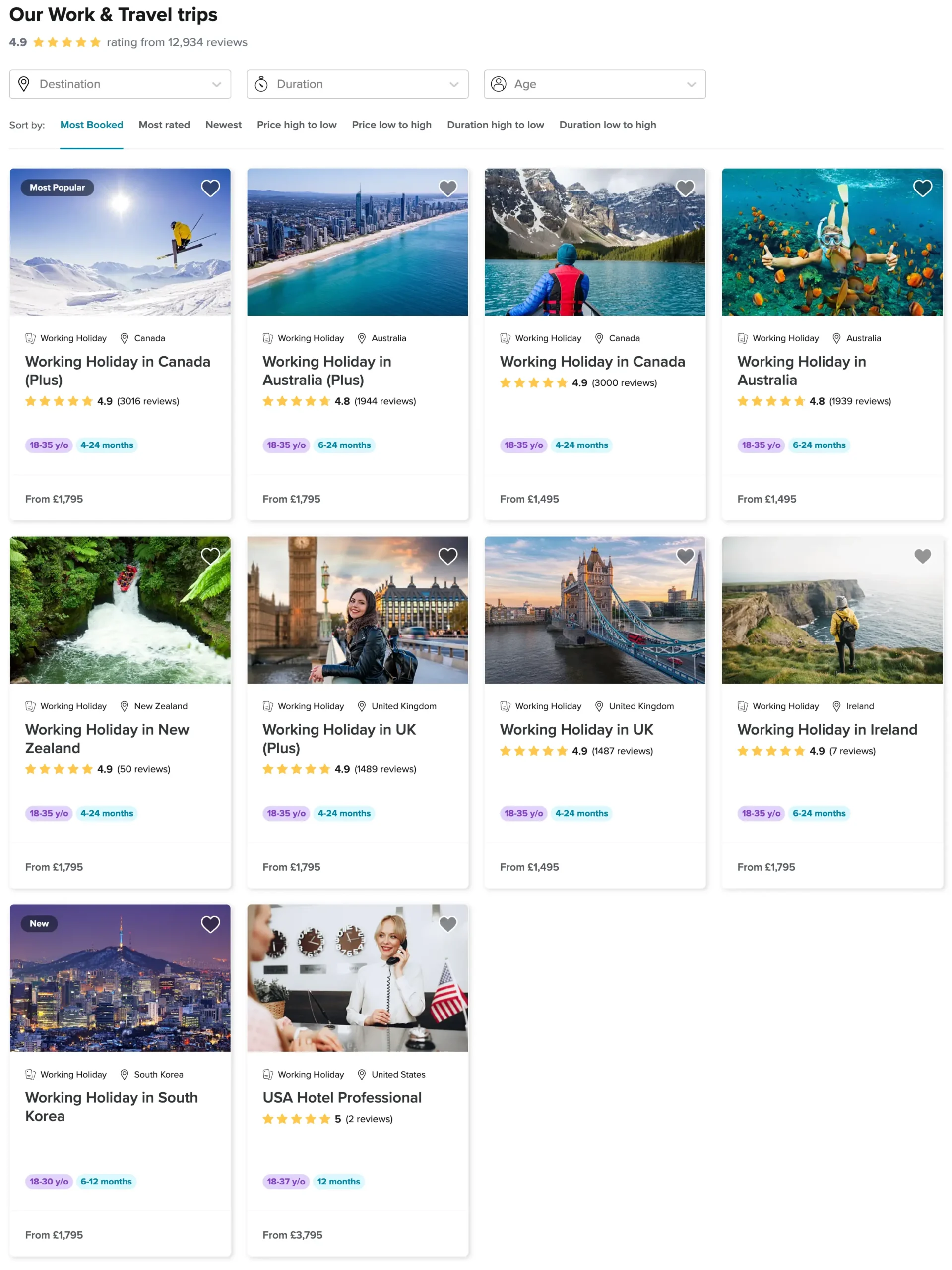 A webpage showcasing a variety of working holiday options provided by Global Work and Travel, each with ratings and starting prices.