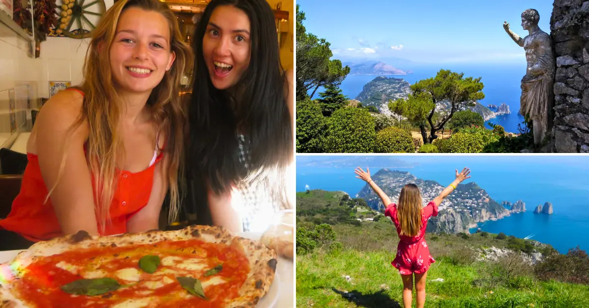 Two smiling young women with a freshly baked pizza, a scenic view of the Amalfi Coast, a statue overlooking the sea, and a traveler with arms outstretched.