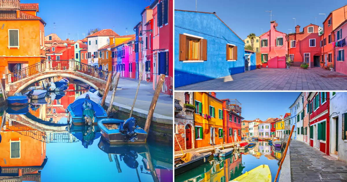 Colourful houses line the tranquil canals of Burano, Venice.