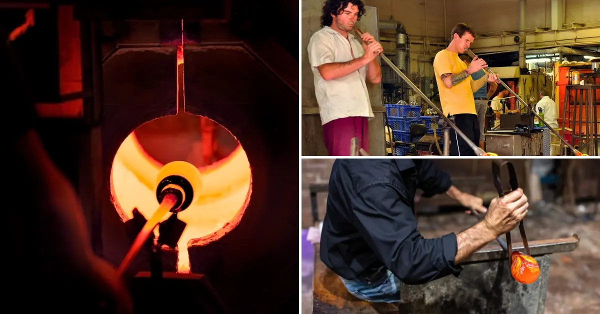Artisans creating glass masterpieces in a Venetian workshop.