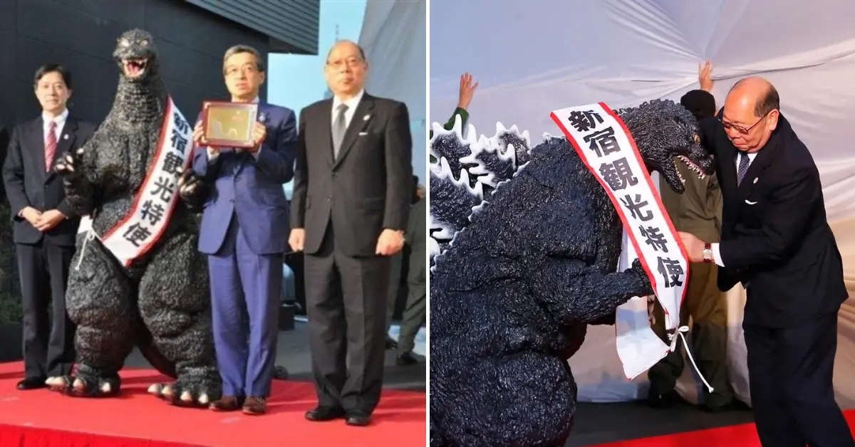 Two side-by-side images: one showing a person in a Godzilla costume receiving a plaque from officials, and another where an official is bowing to Godzilla, reflecting one of the crazy facts about Japan.