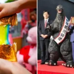 A side-by-side image of a person pulling apart a colourful grilled cheese sandwich on the left and a person in a Godzilla costume receiving a citizen's plaque on the right