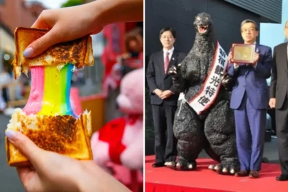 A side-by-side image of a person pulling apart a colourful grilled cheese sandwich on the left and a person in a Godzilla costume receiving a citizen's plaque on the right