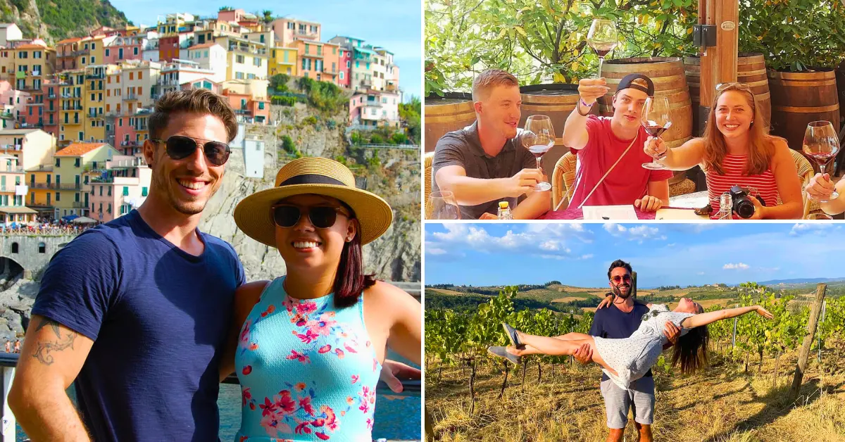 A collage of happy travellers in various picturesque locations in Tuscany, enjoying the vibrant Italian culture and landscapes.