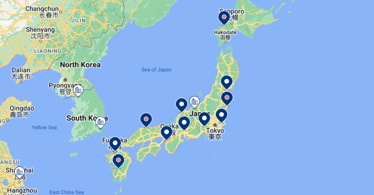Map of Japan highlighting various locations of pod hotels across the country.