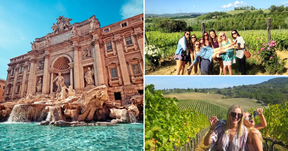 A split image showcasing Rome's Trevi Fountain on the left and a group of friends enjoying a vineyard tour on the right.