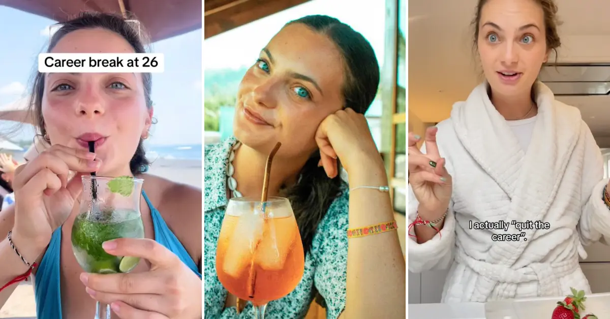 A triptych of a young woman enjoying her travels; sipping a mojito on the beach, posing with an Aperol Spritz, and in a bathrobe, humorously gesturing a "small amount