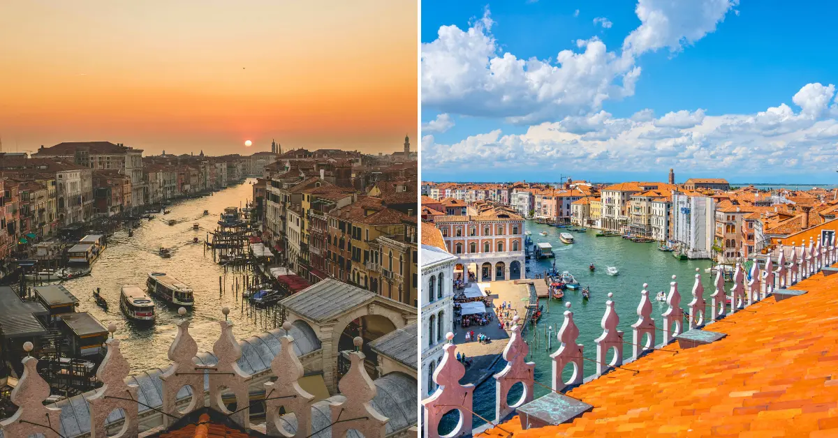 A panoramic view of Venice from the rooftop of a DFS shopping mall at sunset and during the day.